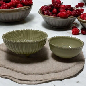 Lot of 2 x Costa Nova Pearl Green Snack Bowls Fluted Hobnail Portugal Ceramic